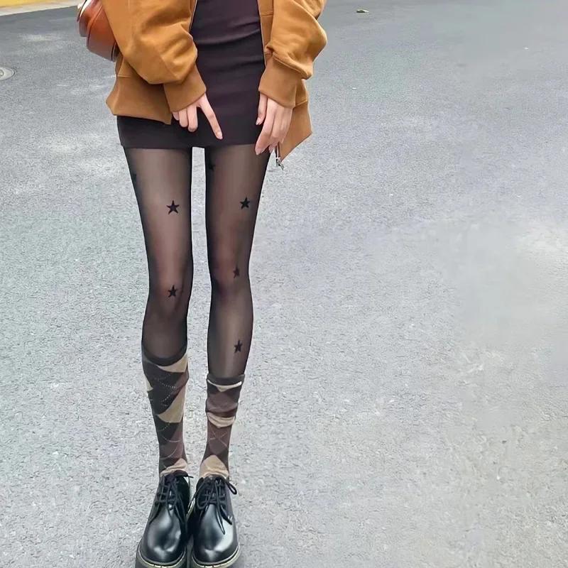 Women Star Print Tights Ultra-thin Nylon Thigh High Summer Stockings Pantyhose Women JK Japanese Style Y2k Girls Black Tights