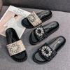 Fashion Luxury Tweed Flats Sandals Women Pearl Buckle Platform Slippers Thicken Soled Beach Slides Shoes Ladies Flipflops Pantufla Mujer