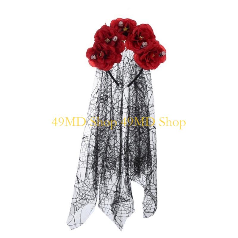 

49MD Goth Flower Crowns For Women Day Of the Dead Headband Halloween Headband Gothic Skull Headband Goth Web Veil красный