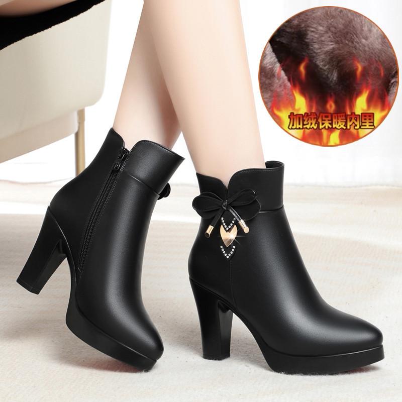 Coarse Heel High Heel Short Boots Women's Autumn and Winter New Leather Shoes Large Size New Fashion Boots Waterproof Table Cotton Boots