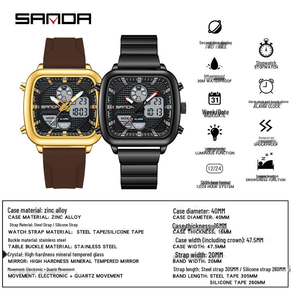 SANDA Multifunctional Square Quartz Electronic Watch for Students - Timer & Casual Wear, Trending Hot Seller.