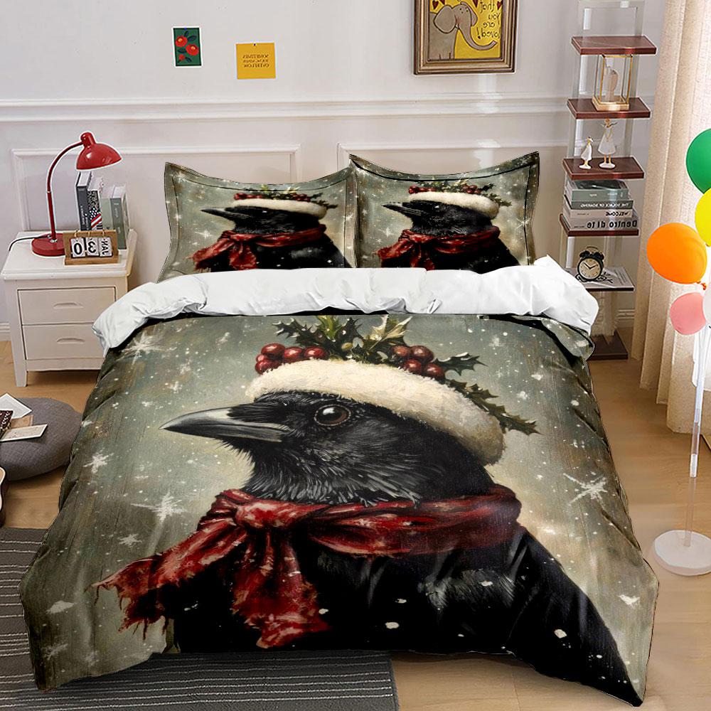 Crow wearing Santa hat. Bedding sets Duvet cover sets Duvet covers Pillowcases(1*Duvet Cover 2*Pillowcases without duvet insert) 135x200cm