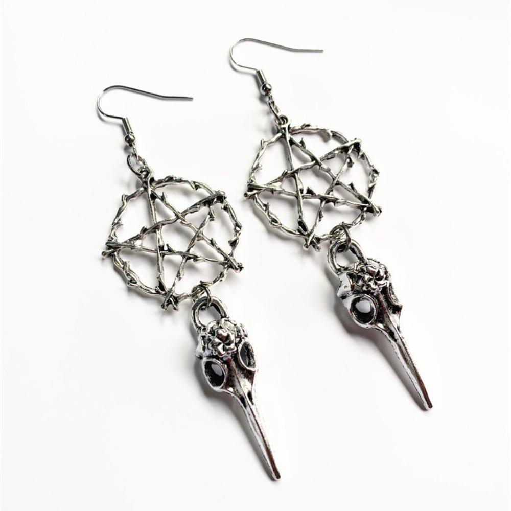 Goth Punk Sliver Color Big Five-pointed Star Rune Bird Beak Skull Pendant Dangle Earrings for Women Men Halloween Party Jewelry