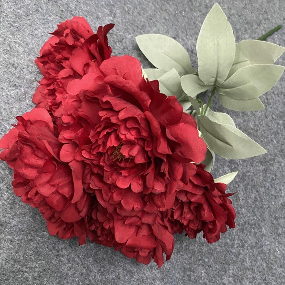 

5 Forks 5 Heads Artificial Flower Peony Silk Petals Simulation Floral Bouquet Wedding Ornament червоний