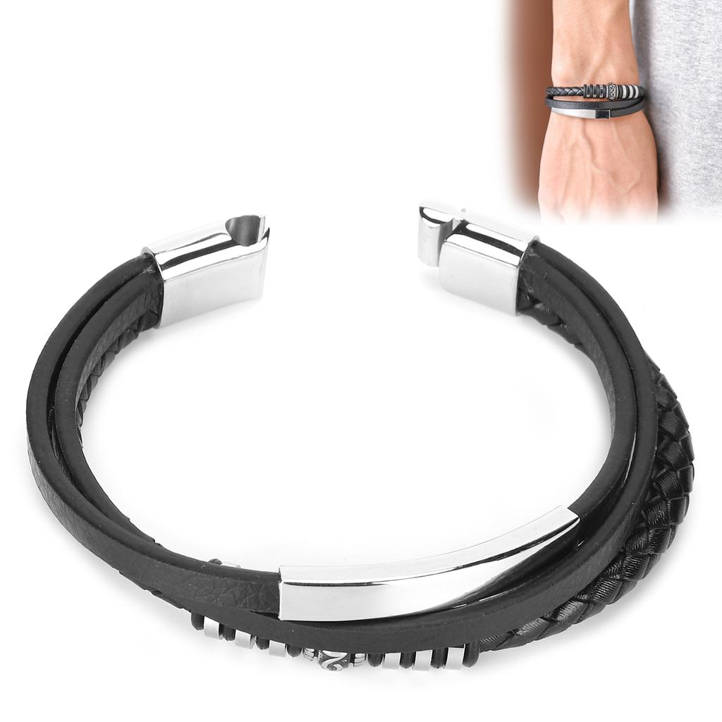 Men"s PU Leather Black Stainless Steel Wrist Band Cuff Bangle Bracelet Magnetic Clasp