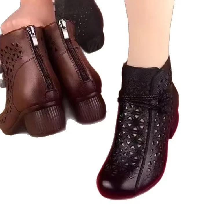 Fashion New Women's Fashion Hollow-Out Soft Sole Mid-Heel Ankle Boots, Retro Breathable Comfortable Shoes 2025
