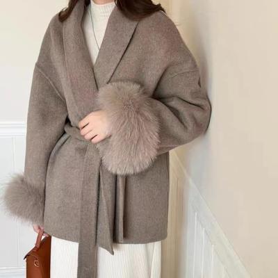 Fox Fur Cuff Woolen Coat - Women's Winter Slimming Style