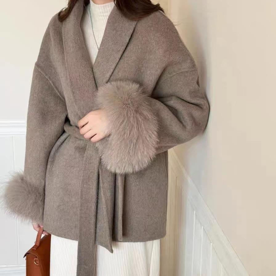 Fox Fur Cuff Woolen Coat - Women's Winter Slimming Style