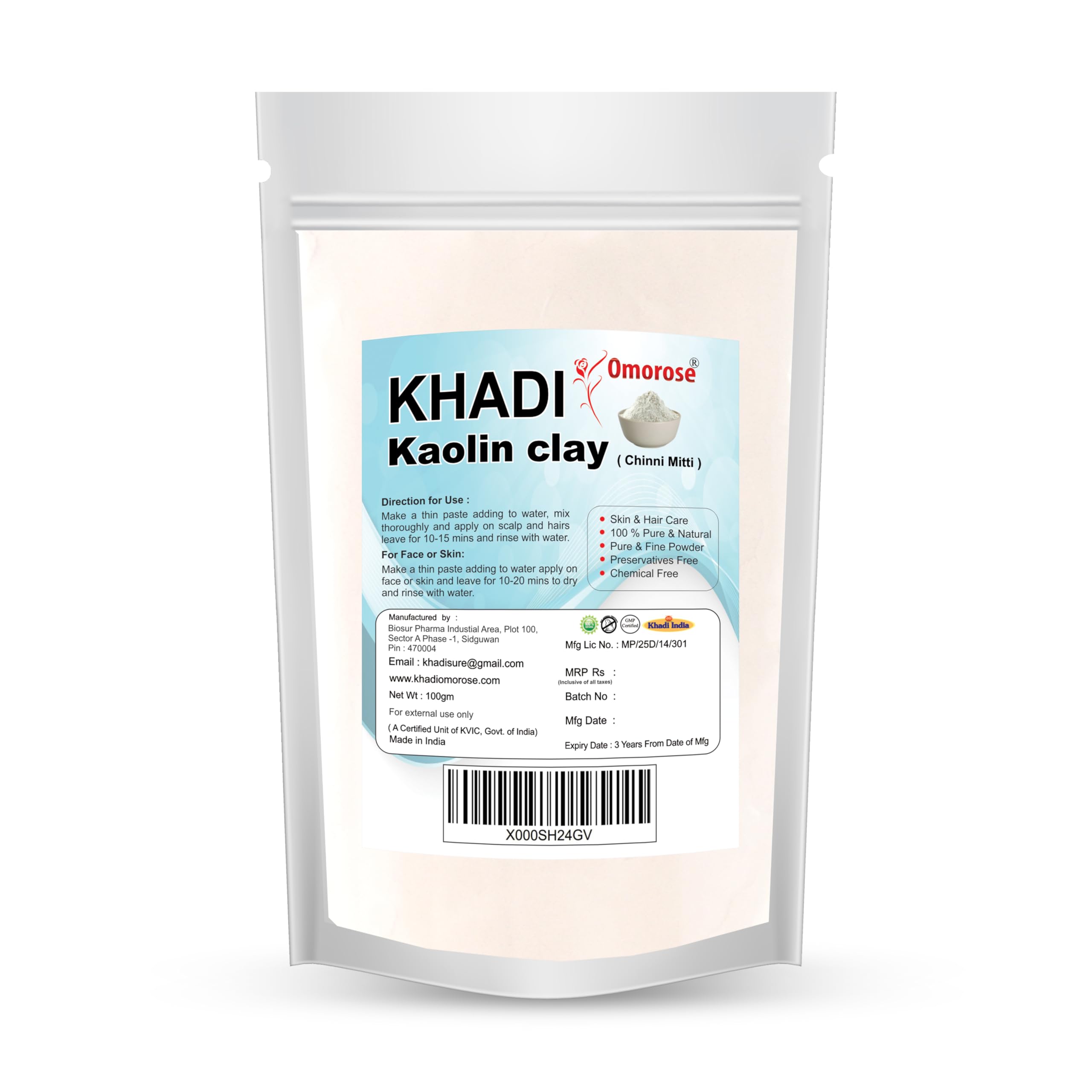 Khadi Omorose Kaolin Clay Powder, For Face, Body & Hairs, 100 Grams