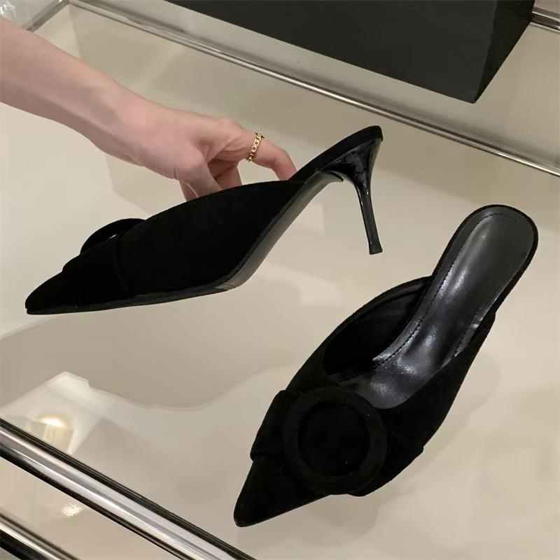 

Eilyken Высокое Качество Неглубокий Ремешок с Пряжкой Женские Тапочки Острый Носок Тонкий Каблук Повседневные Вечерние Мюли Обувь 35 чёрный