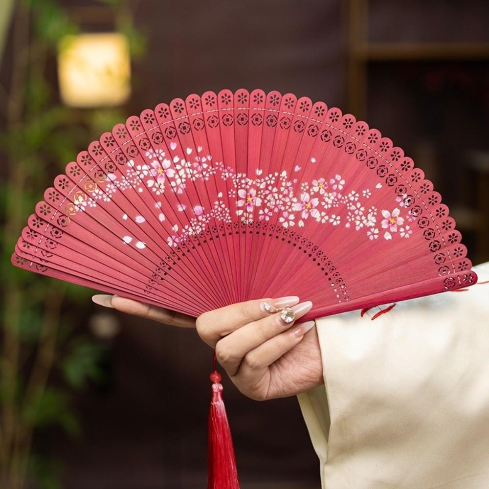 with Tassel Bamboo Folding Fan Vintage Cherry Blossom Fan Carved Hollowed-Out Fan  Cultural Event