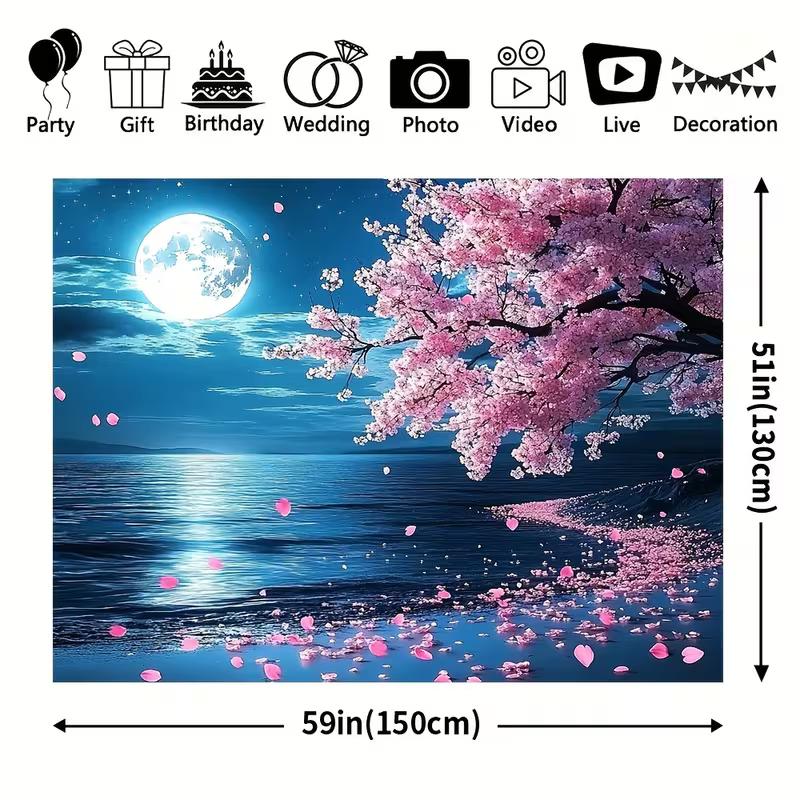 2D Spring Sakura Night View Background Cloth Moonlight Ocean Tapestry for Bedroom Decor