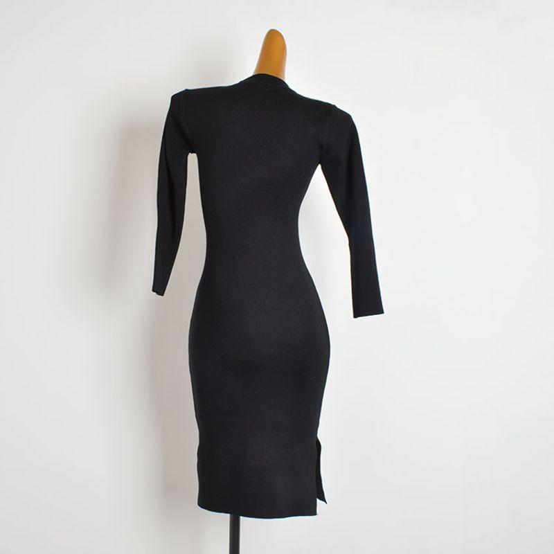 Spring & Fall New Sexy Slit Hemline at Hem Knitted Long-Sleeved Dress Women's Clothing Slimming Inner Bodycon Dress