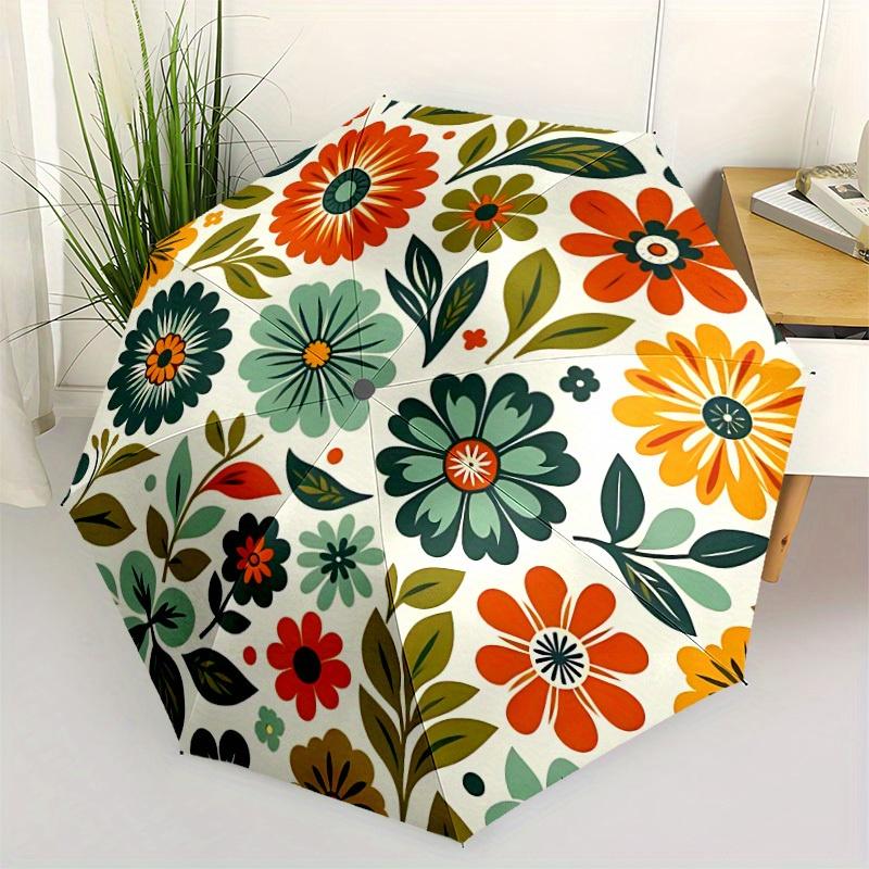 1pc Floral Pattern Automatic Folding Umbrella, 8-Rib Sturdy Canopy, Portable Travel Umbrella for Outdoor Use
