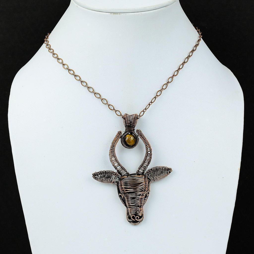 Tiger's Eye Pendant Copper Wire Wrapped Pendant Bull Face Pendant Natural Gemstone Jewelry Handmade Pendant Copper Wire Jewelry Gift For Mom