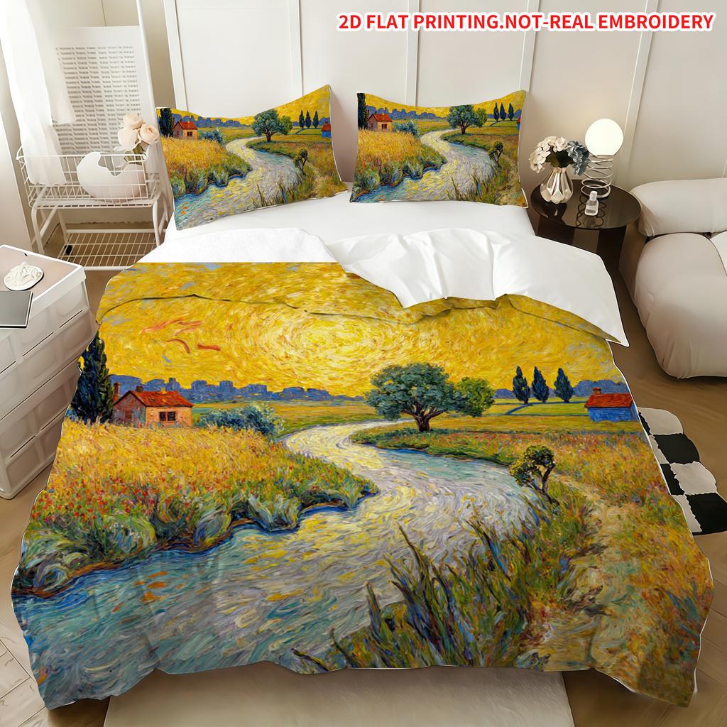 Pillowcase Quilt Cover Three-Piece Set, Oil Painting Golden Wheat Field Bedding, Skin-Friendly And Breathable, Machine Washable