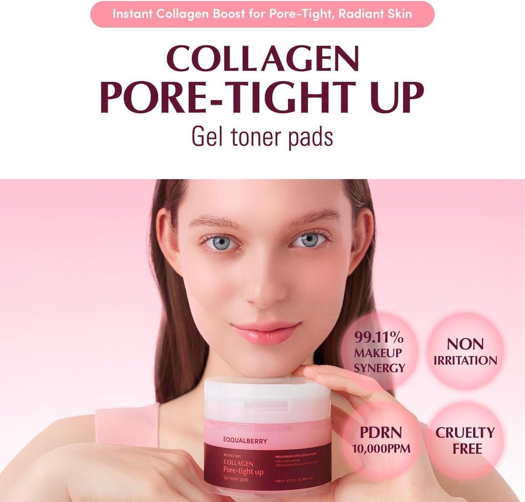 Eqqualberry Collagen Glow Up / Pore-Tight Up Gel Toner Pads 60 Pads / Moisturizing, Korean Cosmetics, Kbeauty