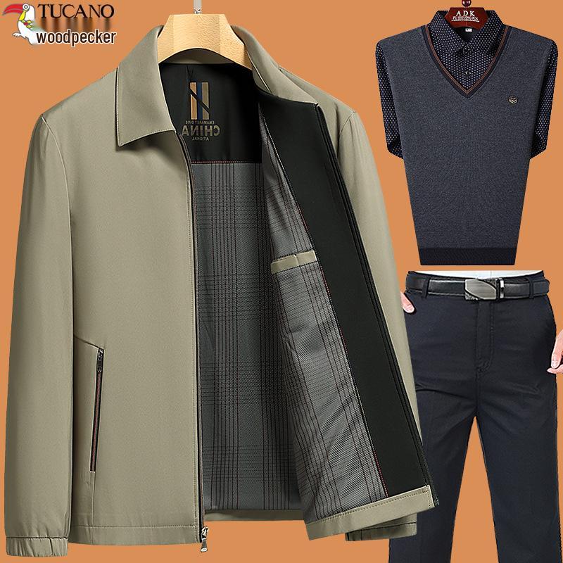 Woodpecker 2025 Dad Outerwear Set: Men's Spring and Autumn Jacket for Middle-Aged and Elderly