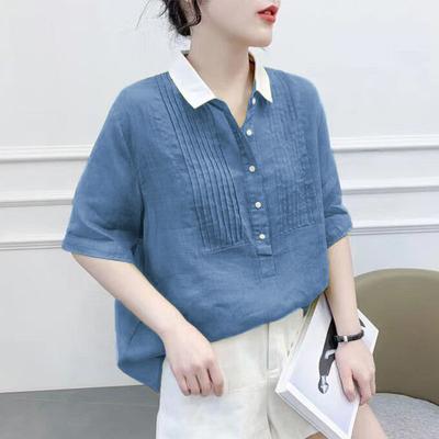 Ležérní jednobarevná košile s límcem Peter Pan, letní stylová skládaná dámská streetwearová knoflíková volná halenka s krátkým rukávem