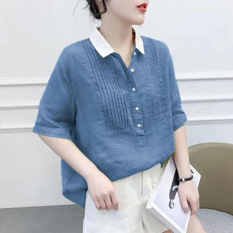 

Casual Solid Color Peter Pan Collar Shirt Summer Stylish Pleated Female Streetwear Button Loose Spliced Short Sleeve Blouse L синій