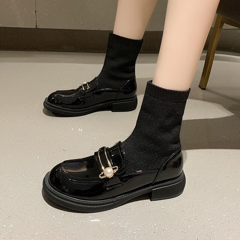 Metal Buckle Oxford Shoes for Women Slip On Round Toe Mary Jane Shoes Woman Square Heels Leather Shoes Female