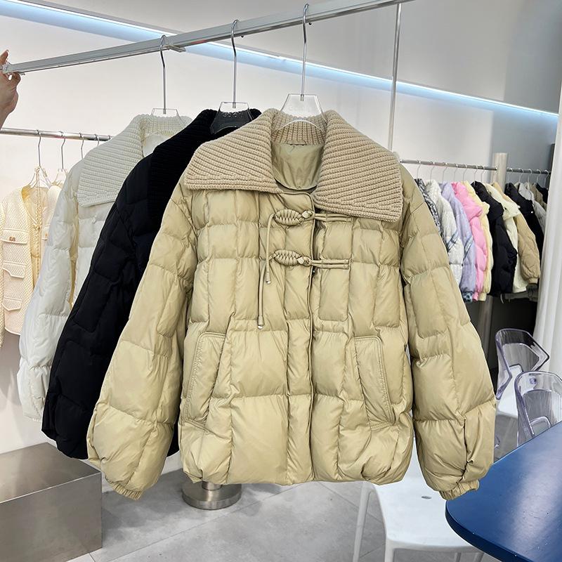 2023 Winter Korean Style Slimming Knit Lapel Chic White Duck Down Jacket