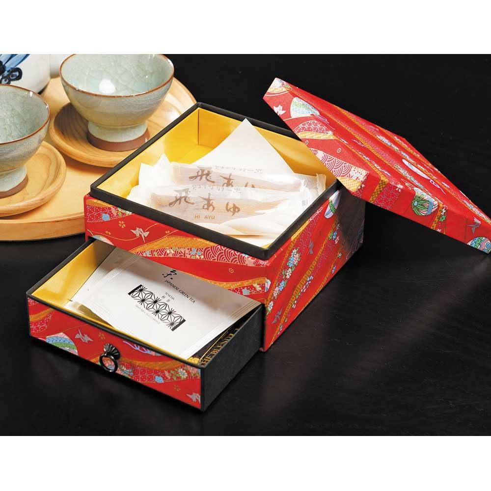 Yamaco Yuzen Two-Tier Paper Box with Drawer, Red, 15.2x15.2xH9.8cm, Product Code: 28131