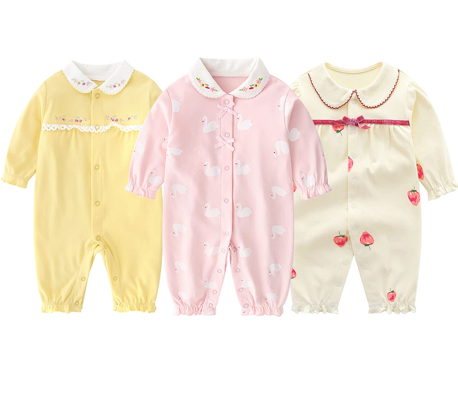 

Baby Long-Sleeve Coverall 3-Pack (Swan / Strawberry / Floral, 9–12 Months, Rompers)