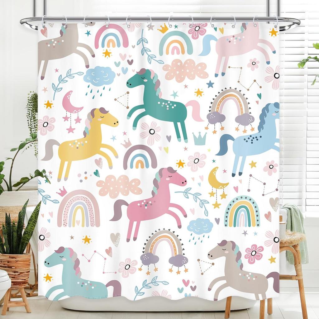 Kids Girls Purple Rainbow Shower Curtain Boho Rainbow Lavender Polka Dots Cartoon Cute Princess Vintage Preppy Girly Bathroom