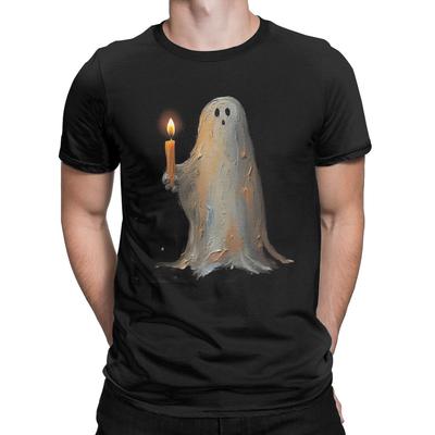 Geist mit Kerze Halloween T-Shirt für Herren 100% Baumwolle Lässiges Rundhals-T-Shirt Kurzarm Kleidung Grafikdruck