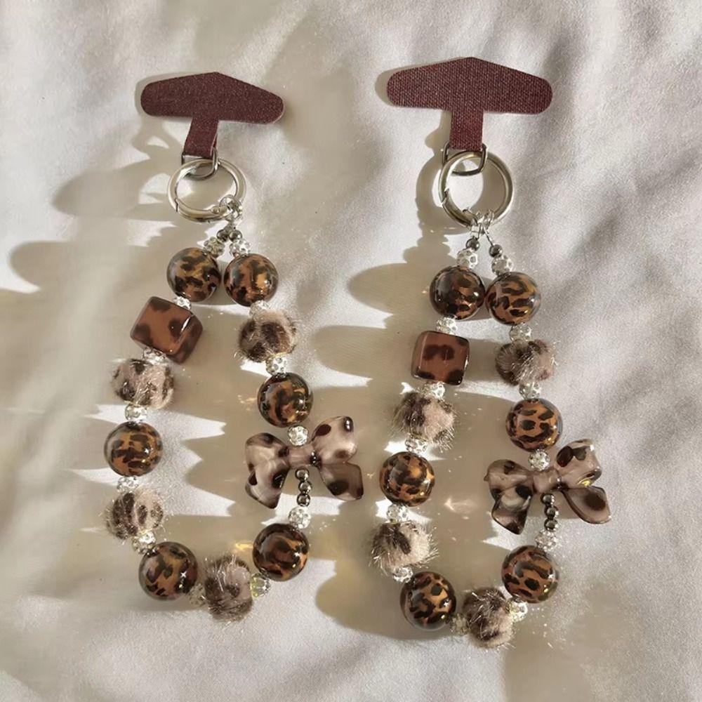Anti-Lost Leopard Print Phone Charm with Plush Ball Bow Beaded Mobile Phone Charm Chic Simple Mobile Phone Lanyard
