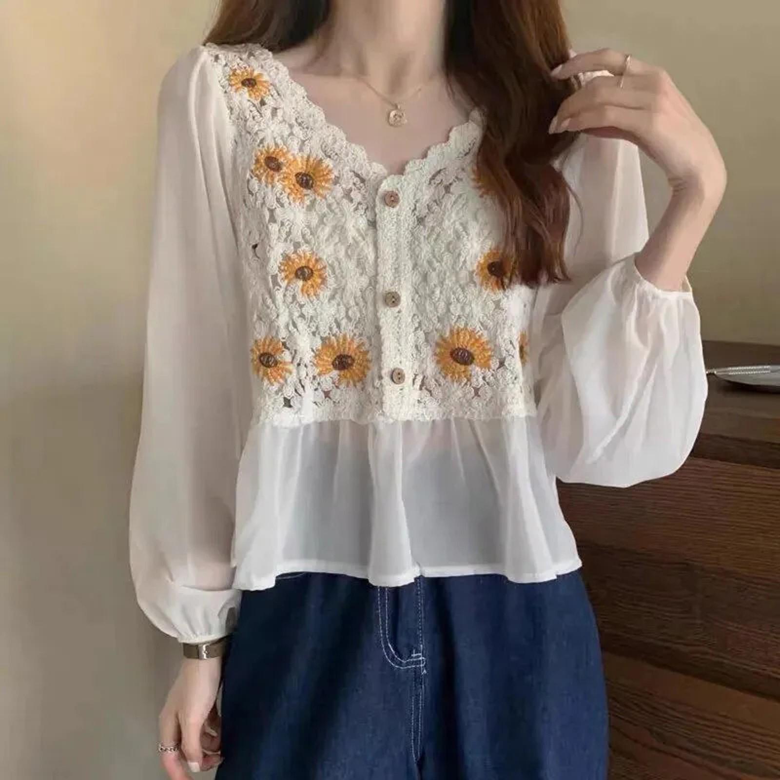 

Женский белый шифоновый топ с длинными рукавами и вышивкой в стиле пэчворк с хризантемами