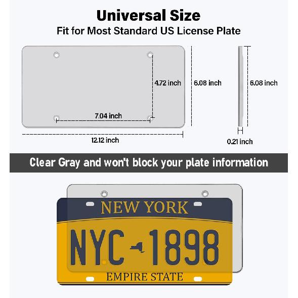 2 Pack License Plate Covers, Clear Flat License Plate Protector Unbreakable Plastic Shields Tag Holder Fits Standard US Plate With Screws Caps (Gray)