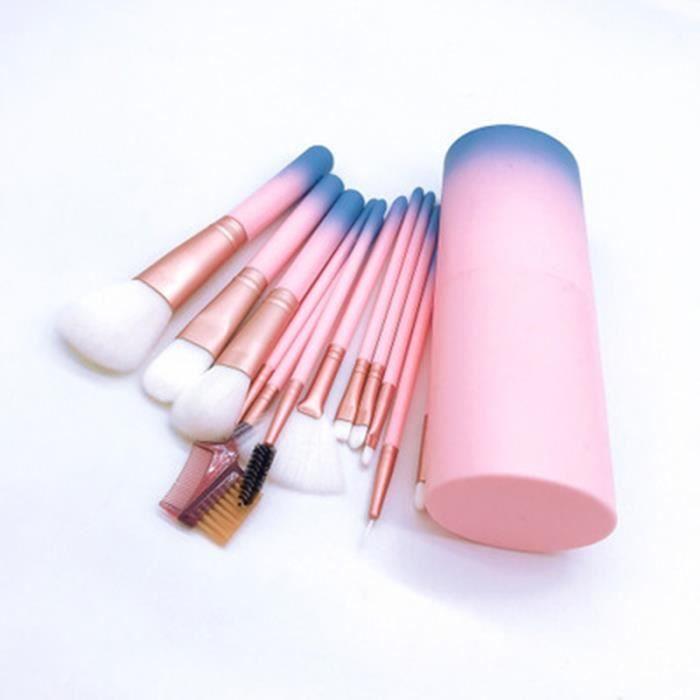 12 pièces Kit De Pinceaux De Maquillage rose Dégradé Poignée En Plastique En Nylon Cheveux Fondation Brosse Ensemble.