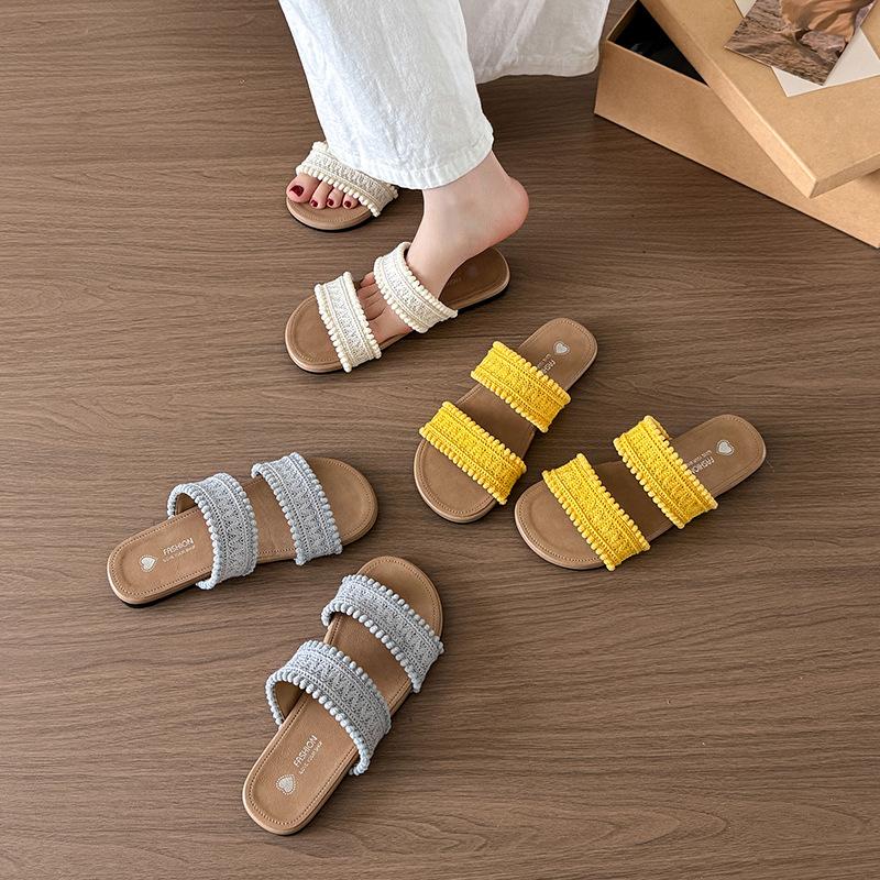 One-word Cool Slippers Women's 2025 New Summer Retro Woven Cross-bottomed Slippers Beach