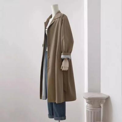 Women's Dark Khaki Long Windbreaker Women's Autumn New Single Breasted Jacket