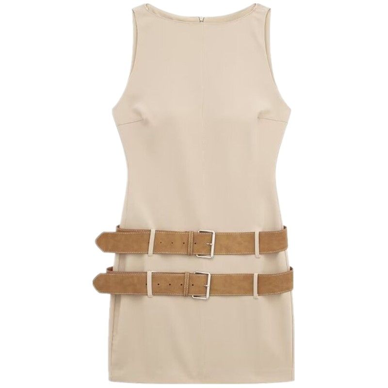 

Fashion Style 2024 Spring New Women s Elegant Slim Looking Pairs Belt Tight Sleeveless Dress 03152310743 Light camel L