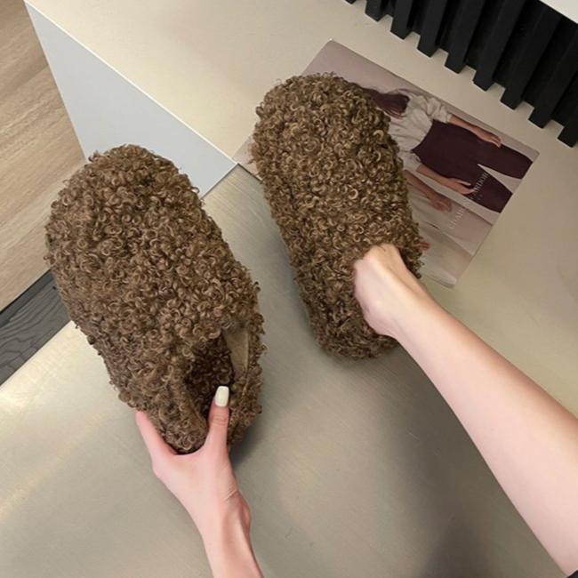 Sponge Cake Thick Bottom, Curly Fur, Plush Toe Cover, Half Slippers, Autumn and Winter Warm and Height Increasing Cotton Slippers