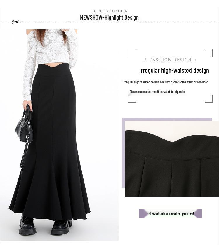Women's Spring High Waist Elastic Fishtail Long A-line Skirt - Slimming, Large Hem, Hip-Hugging Design