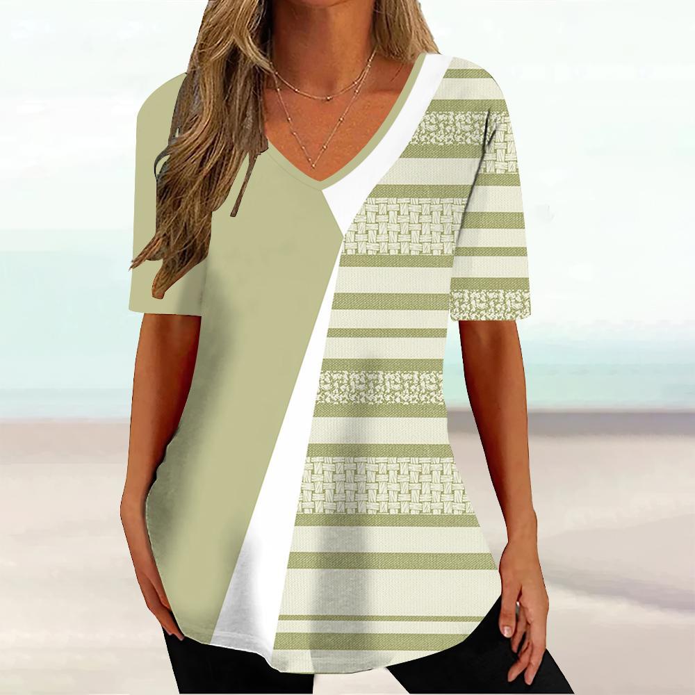 Fashionable Comfortable Breathable T-shirt Summer Colorful Retro Geometric 3D Pattern Women's V-neck Short Sleeved T-shirt