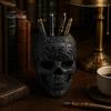 Halloween Room Decor Skull Makeup Brush Holder, Matte Black Gothic Skeleton Pen Organizer Spooky Home Decorations for Desk, Resin Storage Figurine
