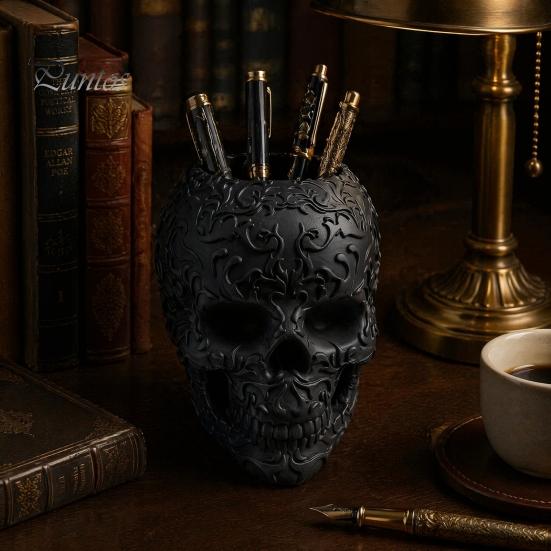 Halloween Room Decor Skull Makeup Brush Holder, Matte Black Gothic Skeleton Pen Organizer Spooky Home Decorations for Desk, Resin Storage Figurine