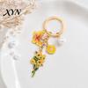 Enamel Pendant Keychain with Round Imitation Pearls, Flower Butterfly Charm Key Ring, Pastoral Style Layered Holder