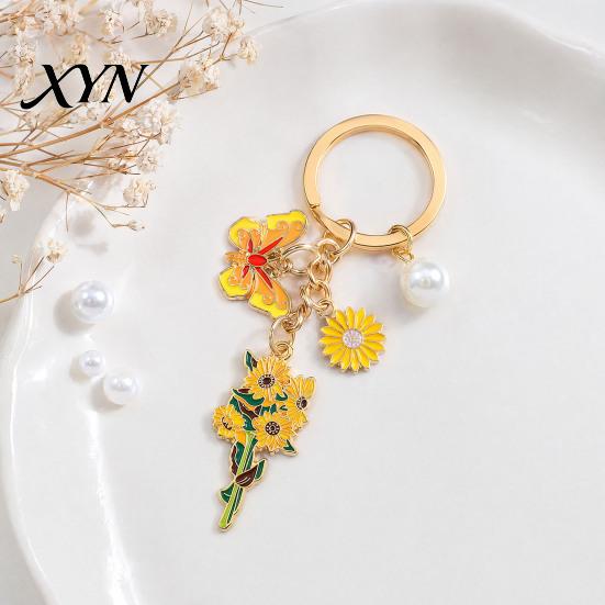 Enamel Pendant Keychain with Round Imitation Pearls, Flower Butterfly Charm Key Ring, Pastoral Style Layered Holder