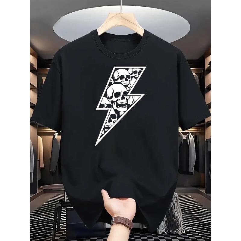 European Size Men s Crew Neck T-Shirt Black Lightning Bolt Skull Print Casual Daily Wear S чёрный