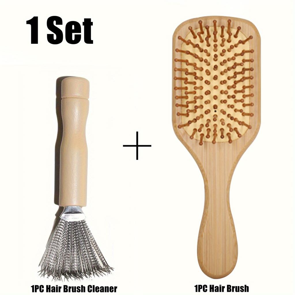 1PC Hair Brush Cleaner and 1PC Hair Comb Set, Stainless Steel Toothed Wooden Handle Hair Brush Cleaner, Bamboo Massage Comb