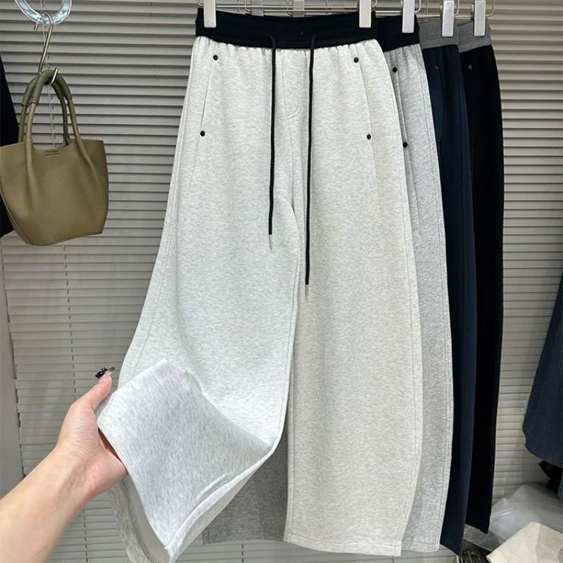 Pants for Women Plus Size Thickened Stretchy Elastic High Waist Long Trousers Solid Colour Fleece Casual Wide Leg Pants