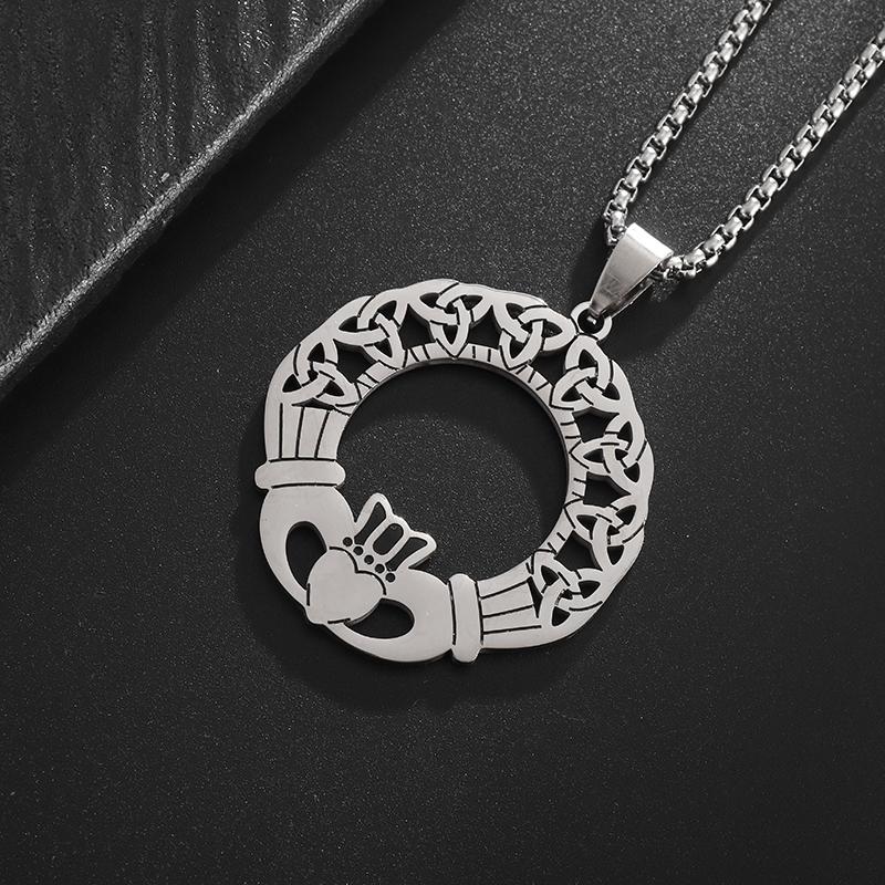 Stainless Steel Celtic Trinity Knot Claddagh Heart Shape Pendant Necklace for Men Women Irish Lucky Amulet Jewelry