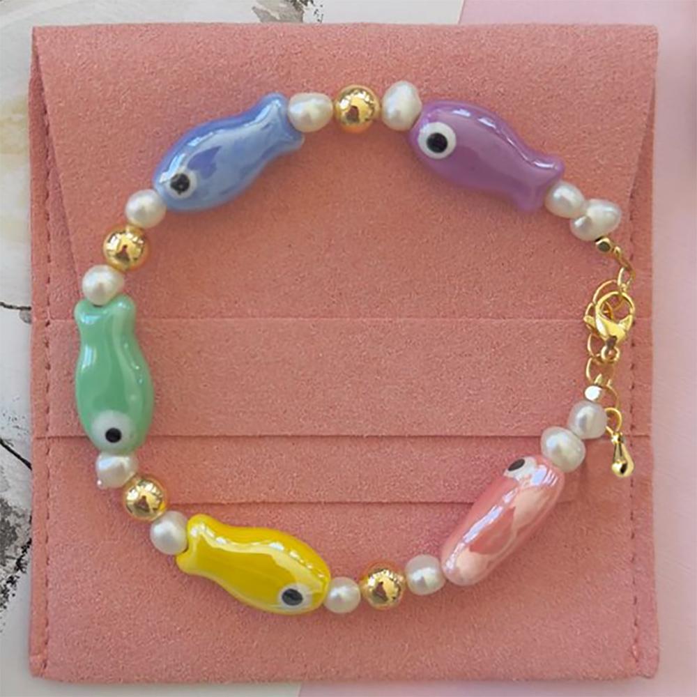 

Vlen Ceramic Fish Bead Natural Pearl Bracelet Boho Summer Beach Jewelry Adjustable Handmade Gift for Women Vacation