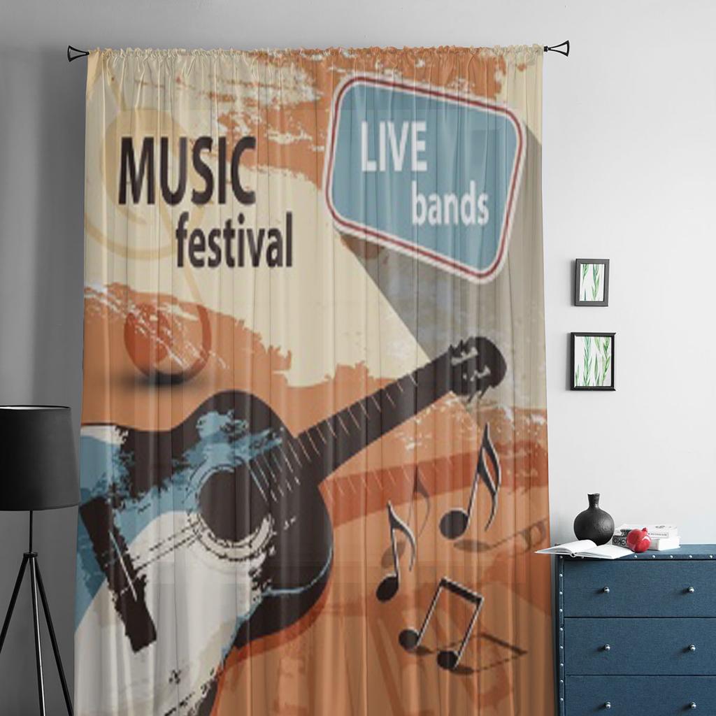 Music Festival With Retro Guitar Chiffon Sheer Curtains for Living Room Bedroom Kitchen Decoration Window Voiles Tulle Curtain
